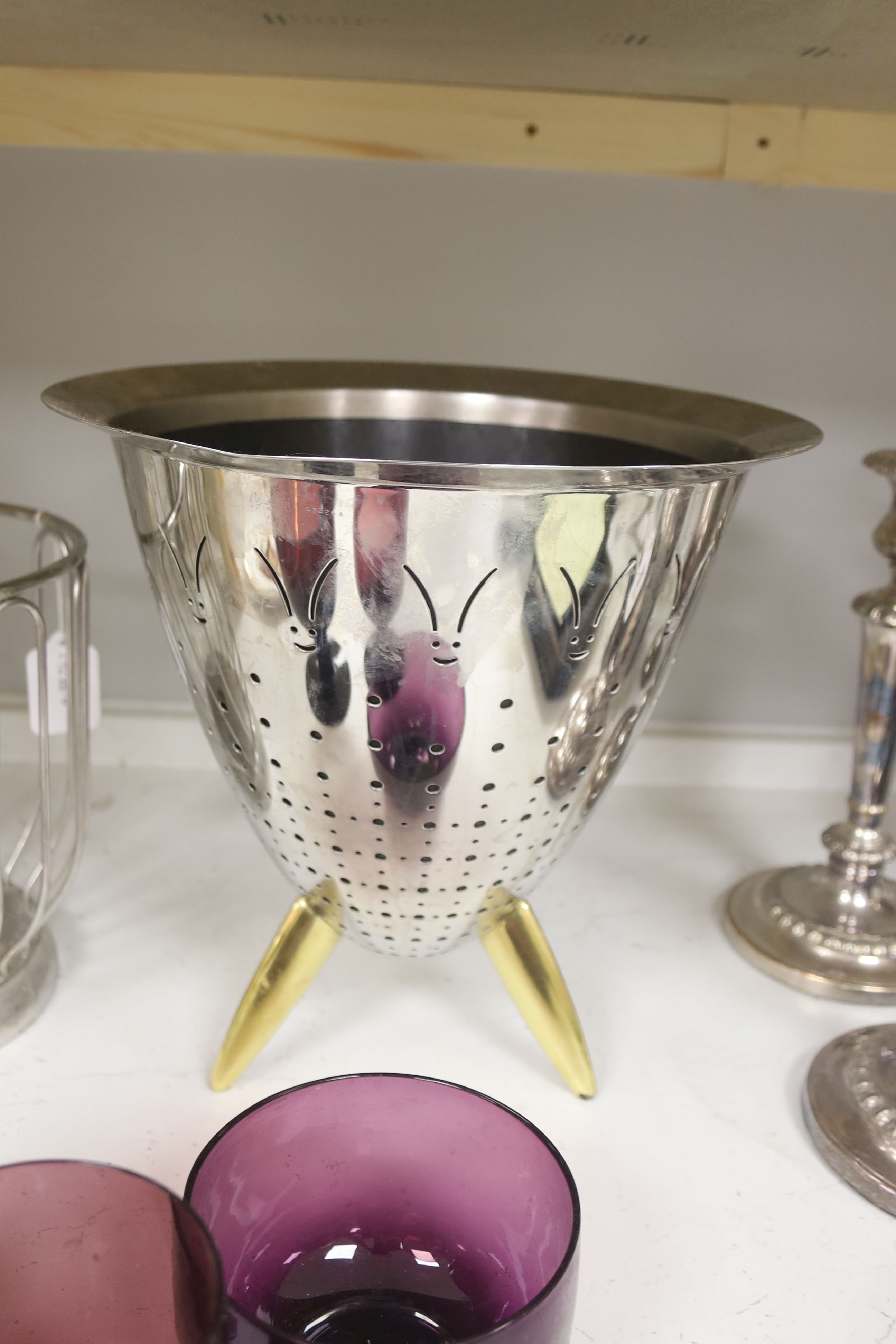 Mixed kitchenalia and glass including Alessi and a tripod jardiniere